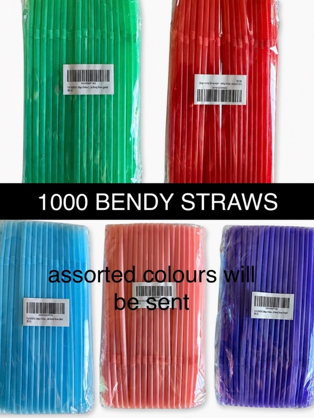 1000 Bendy Plastic Straws 5 Packs Assorted Colours Party Supplies NEW!